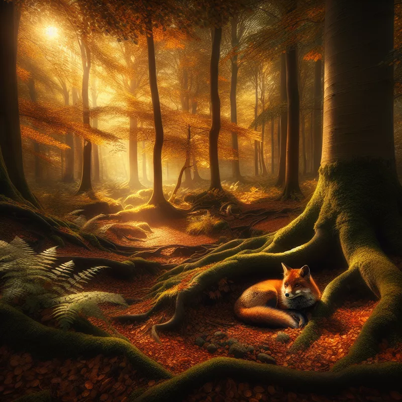 A serene fox resting in a misty forest hollow