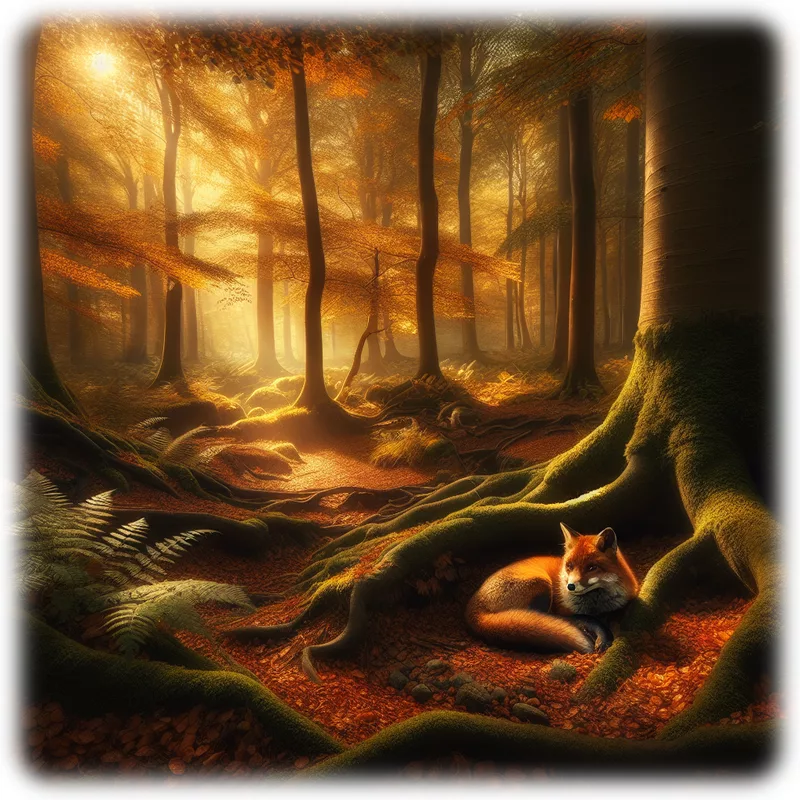 A serene fox resting in a misty forest hollow